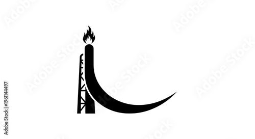 Stylized industrial oil derrick with flame and crescent shape logo in black silhouette on isolated white background.