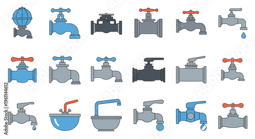 Collection of various colorful water taps and faucets, including some with dripping water and a bowl, isolated white background.