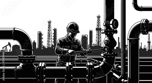 Focused male worker operating industrial machinery in an oil refinery or production facility, black and white illustration.
