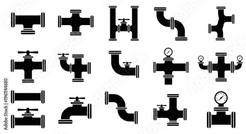 Set of diverse industrial pipe fittings and connectors in black silhouette on isolated white background.