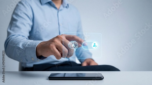 Person using holographic AI interface above smartphone AI Human Oversight concept