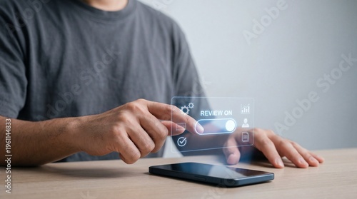 Person tapping a virtual interface hovering above a smartphone AI Human Oversight concept