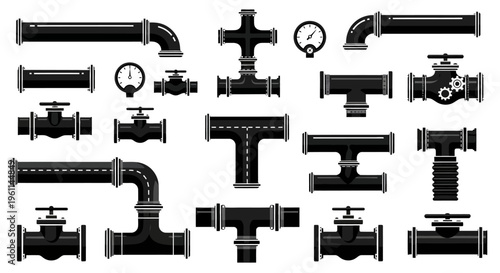 Set of industrial pipe fittings, connectors, and valves in black silhouette on isolated white background.