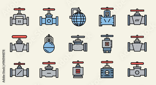 Collection of industrial valves and pipeline components as flat icons on a light beige background.