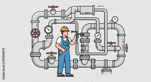 Cartoon Plumber or Technician Working on Industrial Pipe System with Valves and Gauges in Light Studio