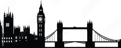 london, skyline, silhouette, big ben, tower bridge, parliament, thames, cityscape, landmark, england, architecture, travel, tourism, historic, urban, vector, illustration, black, isolated, background