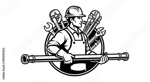 Professional Plumber Man Holding Pipe with Wrenches Logo Design in Black and White