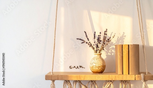 Warm Boho Japandi Study Nook with Macrame Shelf and Ceramic Vase at Golden Hour
