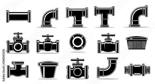 Industrial Pipe Fittings and Valves Black Silhouette Icons on Isolated White Background