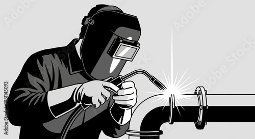 Monochrome illustration of a focused welder working on metal pipe with sparks in bright studio.