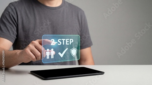 Person interacting with two-step verification holographic interface over tablet AI Human Oversight concept
