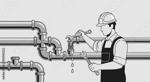 Male Worker Repairing Leaking Industrial Pipe with Wrench in Bright Studio Background