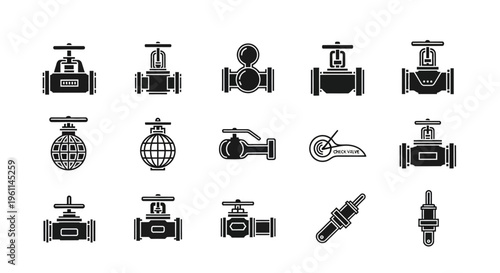 Set of Black and White Industrial Pipe and Valve Icons on Isolated White Background