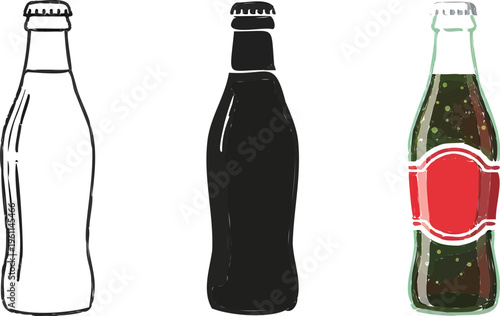Soda bottle vector design collection, drink packaging for soda water, cola, beer, juice, cocktail, milk.