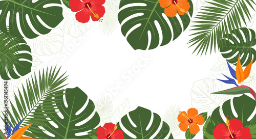 Tropical leaves and colorful flowers.