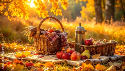Cottagecore Autumn Picnic Blanket with Wool Throw and Apple Basket in Golden Forest Clearing