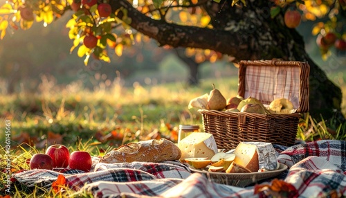 Autumn Cottagecore Picnic with Vintage Wicker Basket and Plaid Throw in Orchard