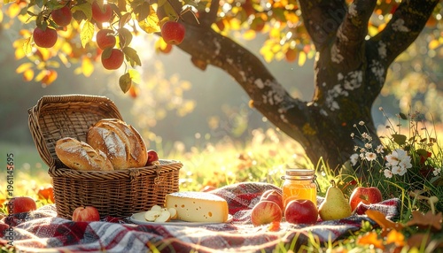 Autumn Cottagecore Picnic with Vintage Wicker Basket and Plaid Throw in Orchard