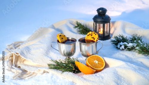 Winter Cottagecore Picnic with Fur Throw and Mulled Wine Goblets in Snowy Clearing