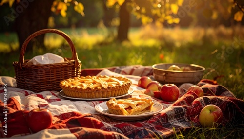 Autumn Cottagecore Picnic with Quilt Blanket and Apple Pie in Orchard Shade