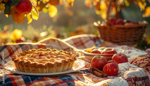 Autumn Cottagecore Picnic with Quilt Blanket and Apple Pie in Orchard Shade
