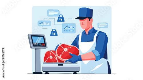 a butcher in blue uniform weighing raw meat on a digital scale, flat design
