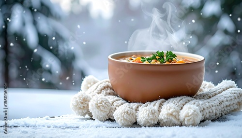 Winter Cottagecore Picnic with Knitted Throw and Soup Bowl in Snowy Cabin Porch