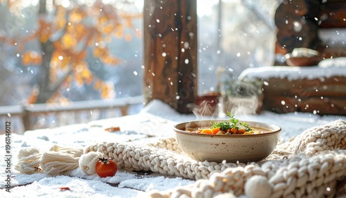 Winter Cottagecore Picnic with Knitted Throw and Soup Bowl in Snowy Cabin Porch