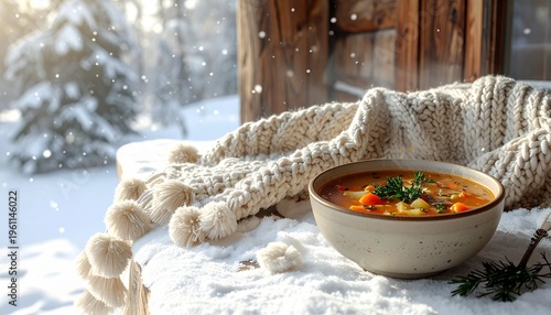 Winter Cottagecore Picnic with Knitted Throw and Soup Bowl in Snowy Cabin Porch