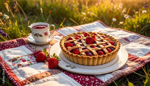 Autumn Cottagecore Picnic with Handmade Quilt and Fresh Berry Tart in Countryside