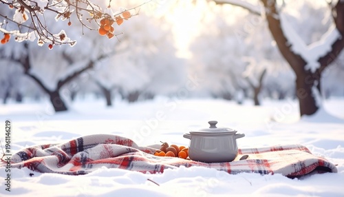 Winter Cottagecore Picnic with Thick Blanket and Soup Tureen in Snowy Orchard