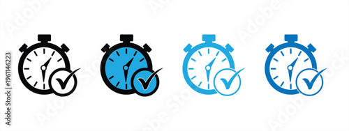 Stopwatch tick mark icon set representing time management, task completion, productivity, efficiency goals, and deadline tracking in outline and glyph styles. Vector illustration