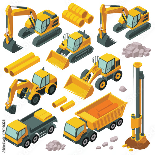 Isometric Construction Equipment Asset Sheet (Yellow Excavators, Loaders, Trucks, Pipes) – Vector 3D