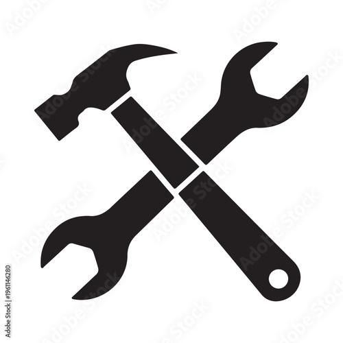 Vector graphic illustration of a hammer and wrench crossed over each other in a simple black design