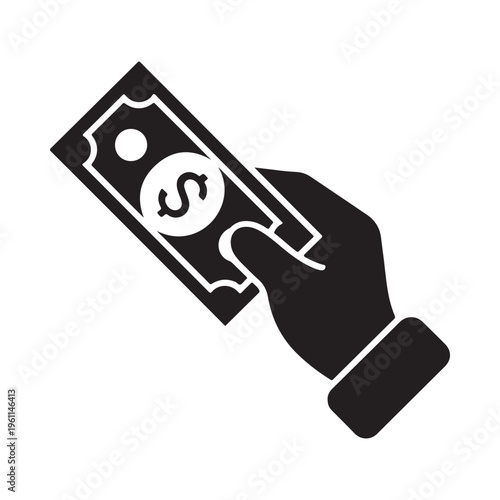 Black vector graphic illustration of a hand holding a dollar bill