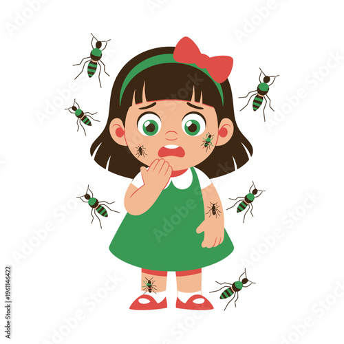 A cartoon girl with a shocked expression surrounded by ants