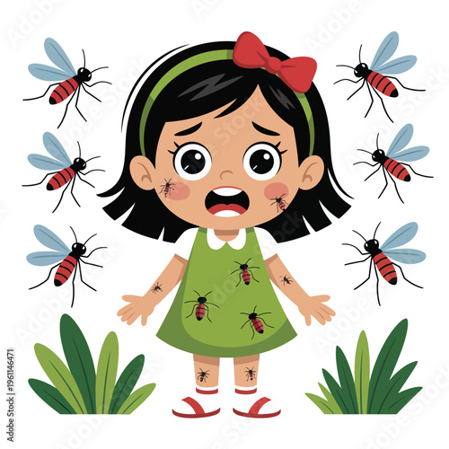 A cartoon girl is surrounded by mosquitoes and looks scared