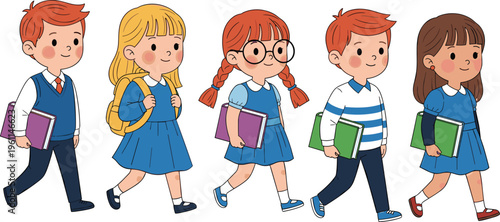 school children, kids, walking, students, cartoon, education, uniform, backpack, books, learning, boys, girls, childhood, class, cute, illustration, isolated, background, vector, set