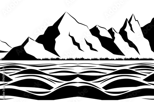 Mountain peaks rise stark against a clear sky. Waves roll gently in the foreground. Bold lines define the rugged landscape. The scene evokes calm strength and natural beauty