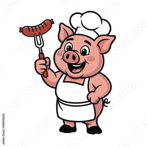 A cheerful cartoon pig wearing a chef's hat and apron holds a grilled sausage on a fork