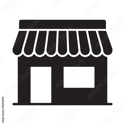 Simple black vector graphic illustration of a storefront with awning