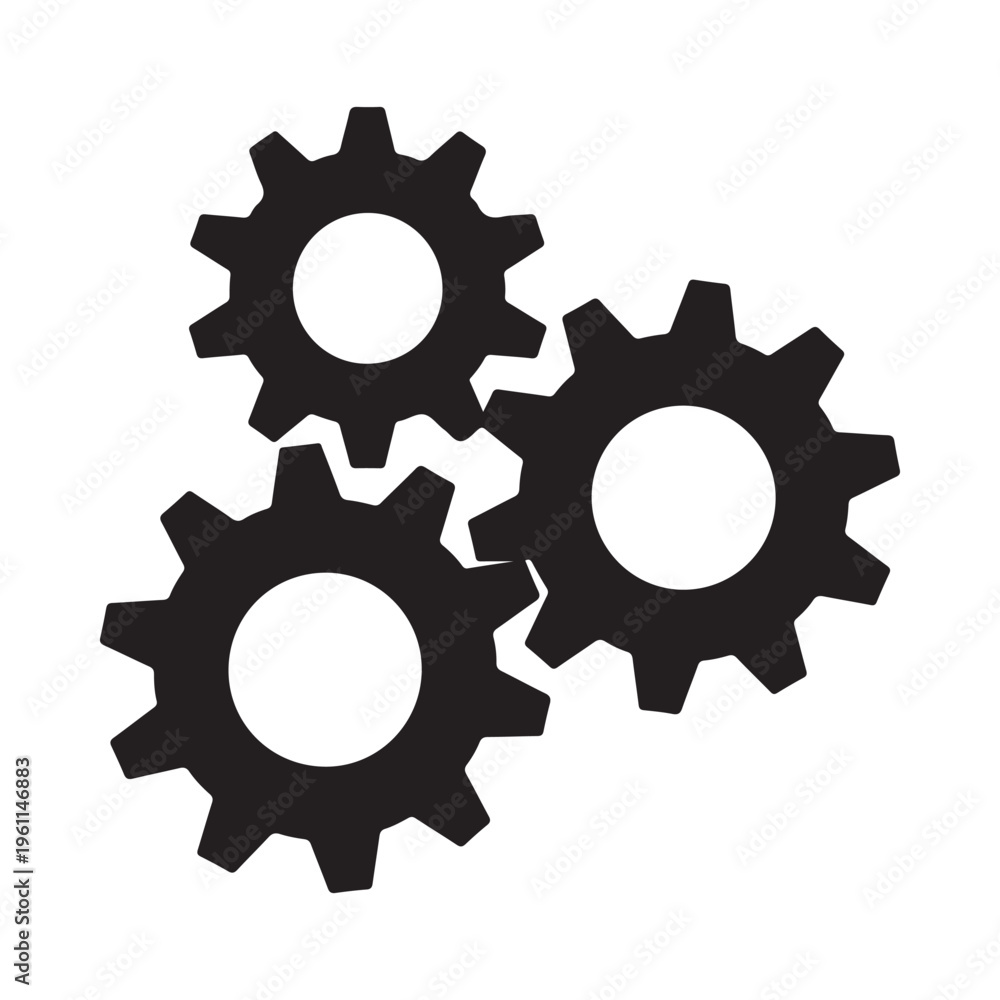 Fototapeta premium Three black gear icons in a triangular formation on white background