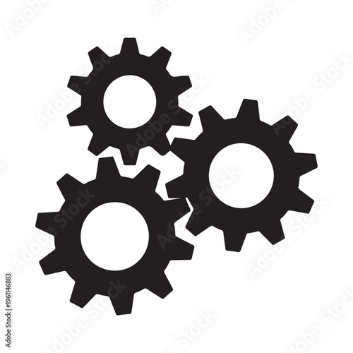 Three black gear icons in a triangular formation on white background