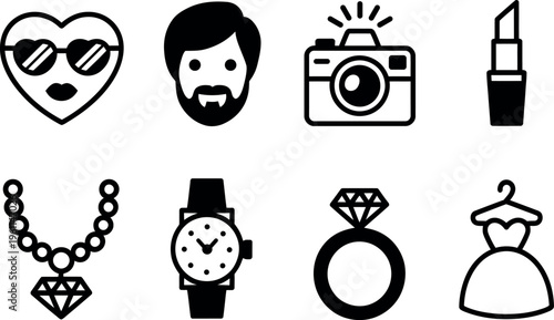 A collection of fashion and lifestyle icons including a heart with sunglasses a mans face a camera lipstick a necklace a watch a ring and a dress