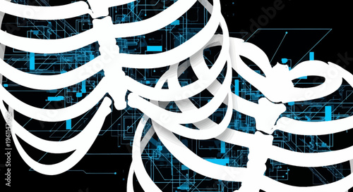 A white skeleton ribcage on a black and blue circuit board background