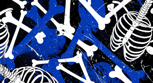 A blue and white skeleton pattern on a black background