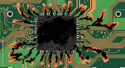 A computer chip with damaged circuitry