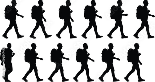 walking, man, silhouette, backpack, traveler, hiking, motion, steps, people, journey, outdoor, adventure, casual, movement, isolated, black, background, vector, illustration, set