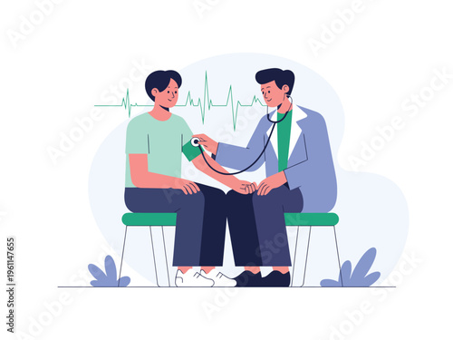 Doctor checking patients blood pressure with a stethoscope on a green bench