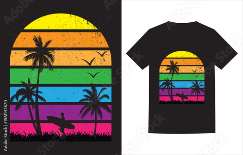 Tropical sunset design on black t-shirt and poster